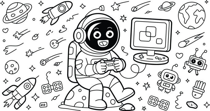 Cute astronaut gamer playing computer video games in space doodle vector illustration with rockets, planets, robots, and stars background.