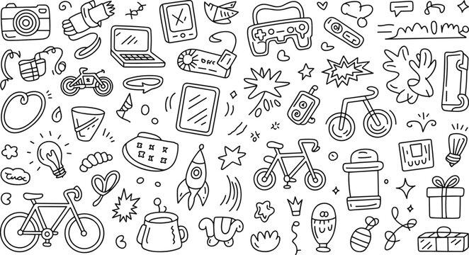 Cute technology and lifestyle objects doodle sticker set vector illustration with camera, laptop, bicycles, game controllers, and cosmic elements background.