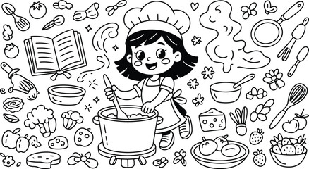 Cute little girl chef cooking food in pot doodle vector illustration with kitchen utensils, vegetables, cookbook, and ingredients.