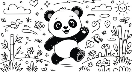 Cute giant panda bear running and waving in forest doodle vector illustration with bamboo plants, butterflies, mushrooms, and nature background. © Harlin_