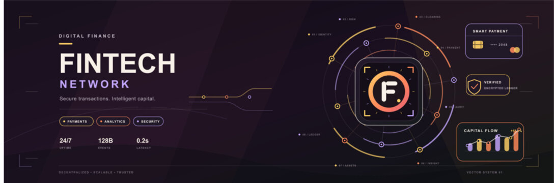 Futuristic fintech network interface with secure payments, verification, and capital flow analytics.