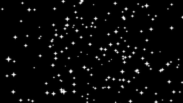 Endless 3D stars rotate in 360 degrees, drifting up and down like a cosmic storm in deep space. Abstract starfall motion creates a cinematic, mysterious on black background in 4k.