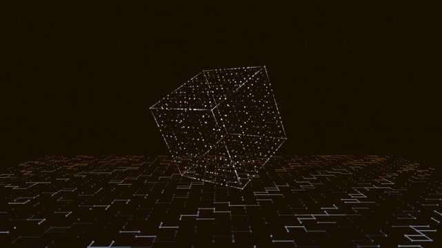 Digital cube with data points on digital grid, technology concept