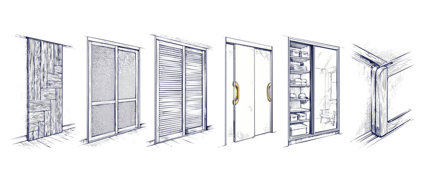 Sliding Door Design Sketches, Closet Wardrobe Systems Drawing Set, Architectural Line Art Concept Illustration of Interior Barn, Louver, and Mirror Glass Doors for Home Renovation Plans