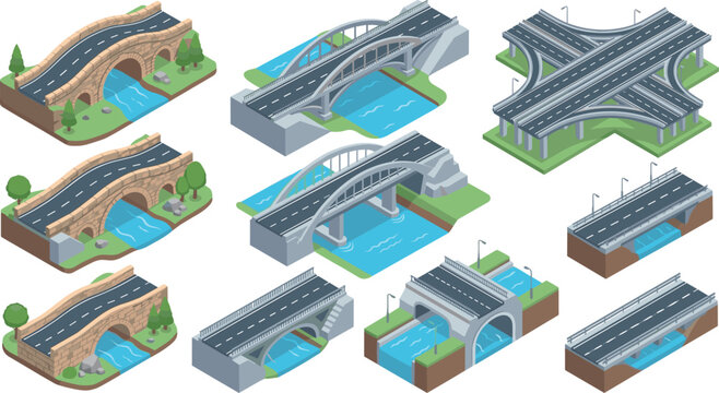 Isometric Bridge Icon Set with Highway Overpasses, River Crossings, Stone Arches, and Infrastructure Vectors for City Maps and Urban Engineering Designs