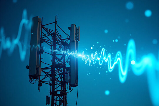 Modern telecommunications tower transmitting high frequency digital signals with blue glowing waveforms against dark technological background for wireless connectivity