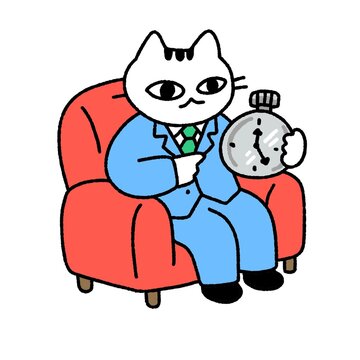 Serious business cat in a suit sitting on a red armchair holding an alarm clock