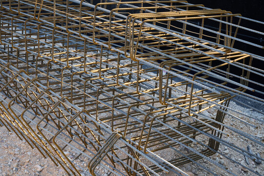 Close-up of metal reinforcement used in the construction of reinforced concrete structures.