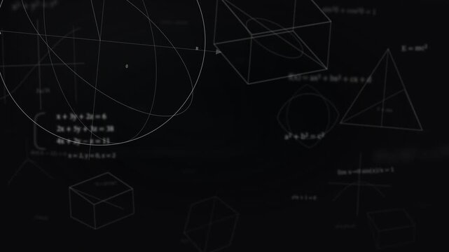 Chalkboard illustration with geometric shapes, motion background mathematical equations, and scientific formulas, including Pythagorean theorem, calculus, and physics notation.