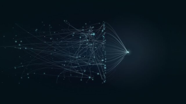 motion Network of glowing lines converging to a single point, constellation of nodes connected by threads, abstract data transmission or communication connectivity.