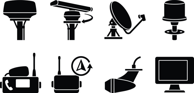 Black marine electronics and boat navigation equipment vector silhouette icon bundle featuring radar, GPS, and radio