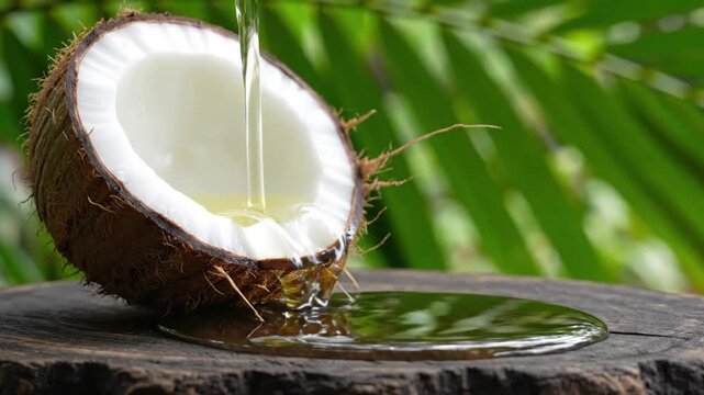 Clear organic virgin coconut oil streams into a cut coconut shell on a dark wood surface against tropical green foliage.