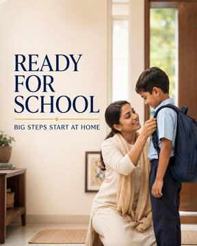 Mother helping son with backpack warm indoor scene with natural light parenting child school education