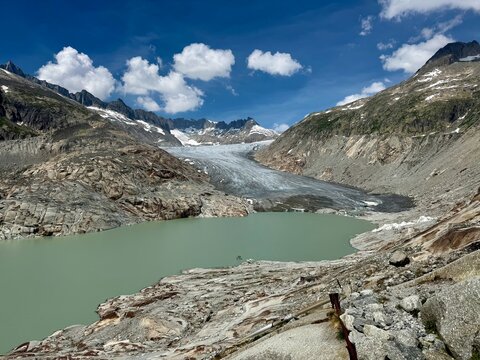 The Rhone Glacier tongue descending to its turquoise proglacial