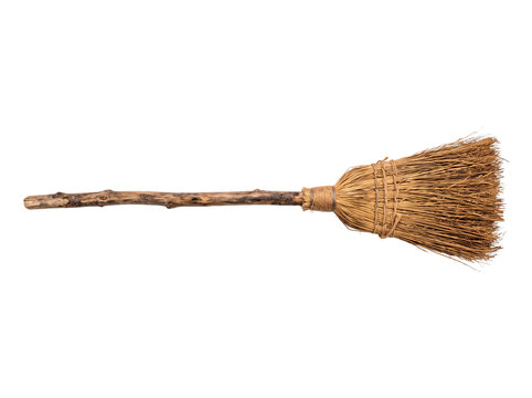 Rustic witch broomstick with natural wood handle and straw bristles for Halloween PNG Isolated on transparent background