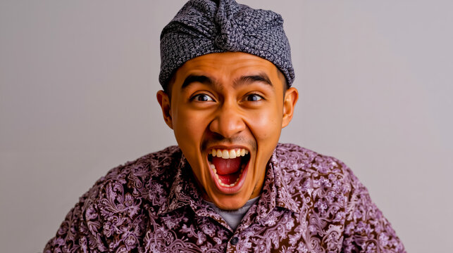 A man wearing a purple shirt with a floral pattern a gray turban and a wide smile