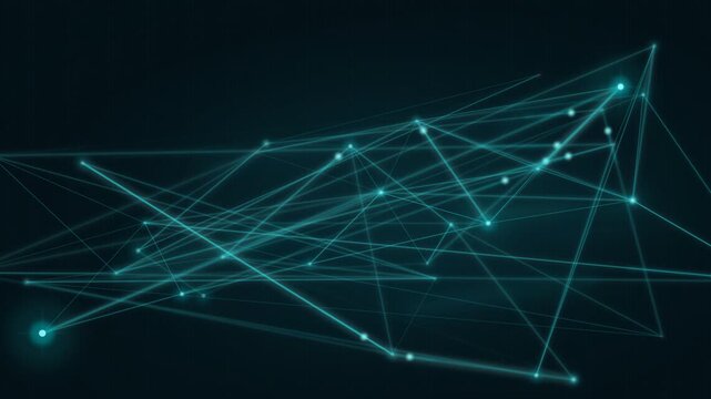 Glowing network of connected dots and intersecting lines forming a geometric web structure, abstract data visualization patterns, communication connectivity.