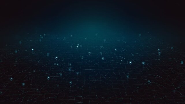 A grid of glowing location map pins connected by thin lines on a dark gradient surface, representing global connectivity and data networking structure.