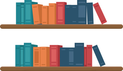 Wooden bookshelves vector illustration with rows of colorful hardback books isolated on white background © Leon