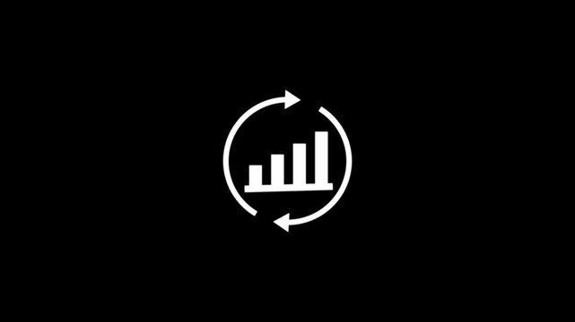 Animated continuous improvement line icon featuring a growth graph animation and rotating cycle flow lines. For process optimization and productivity. Isolated on a black background in 4K resolution.