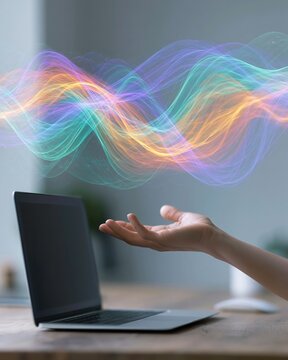 Laptop with Hand and Flowing Color Wave