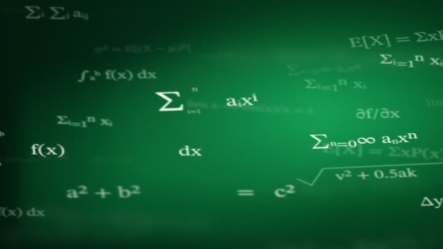 Mathematical formulas and calculus equations floating on a green chalkboard, featuring abstract algebraic notation and symbolic notation for scientific study.