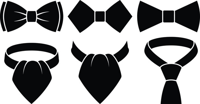 Bow Tie Necktie and Ascot Tie Silhouette Collection with Formal Fashion Accessories Isolated on White Background