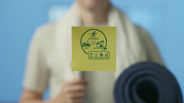 Focused sticky note displaying health and wellness icons for movement, nutrition, and rest, held by a person with a yoga mat and towel, symbolizing a balanced and active lifestyle