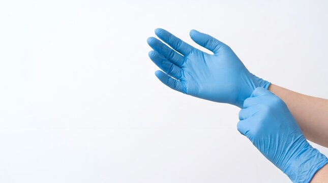 Person putting on a blue disposable medical glove for hygiene on white background