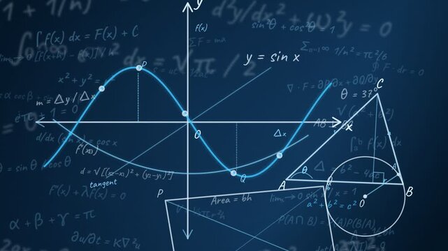 Educational mathematical formulas and geometric graphs on a blue chalkboard surface. Features calculus, trigonometry, and algebra equations with plotted curves.