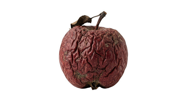 Rotten red apple with shriveled skin, decaying fruit showing signs of aging, spoiled organic produce element isolated on Transparent Background
