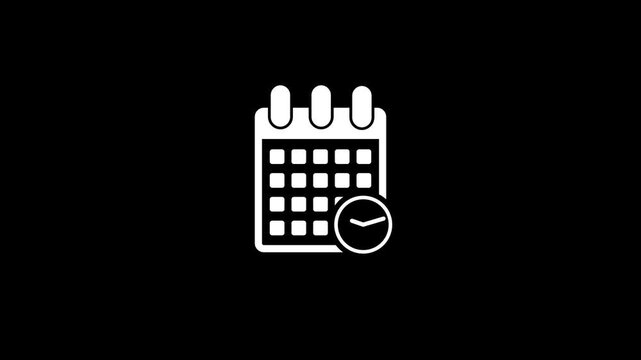 Minimal white calendar and rotating clock icon loop animation on black background, premium clean time management and appointment scheduling symbol.4K Animation Stock Video