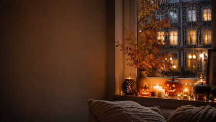 Fototapeta premium rainy autumn window with glowing pumpkins on the windowsill, warm candles, soft fairy lights, cozy Scandinavian apartment