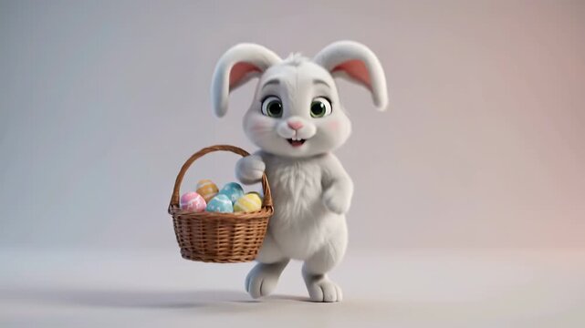 Joyful 3d animated bunny hopping with a basket of colorful eggs