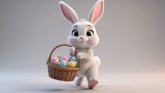 Animated white bunny hopping while carrying a basket of easter eggs