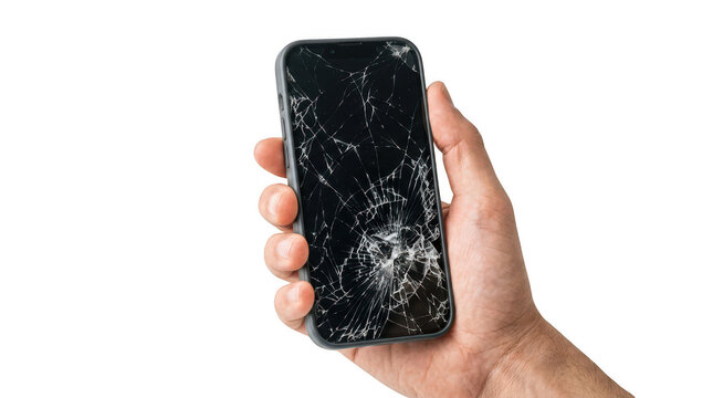 Broken smartphone screen held in hand, damaged mobile glass display, cracked modern telephone device for repair service advertising isolated on Transparent Background