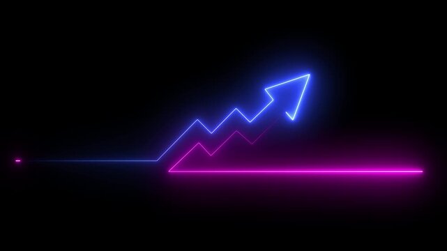 Neon blue financial growth arrow chart animation on black background, business success .upward arrow animation 4k motion graphics video. red arrow pointing up.