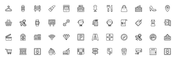 Mall_2383 icon set. Shopping vector icons. Minimalist line art. Includes hanger, barber, bench, dress, bag, escalator, security, cashier, sale, ATM, elevator and more. Editable stroke. © wang