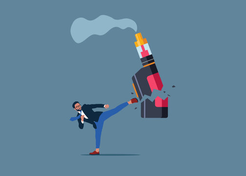 Businessman strongly kicking a vape while motivating to quit smoking. Healthy lifestyle. Electronic Cigarette Vaping Vape for Vapor Bar and Vape Shop. Vector illustration