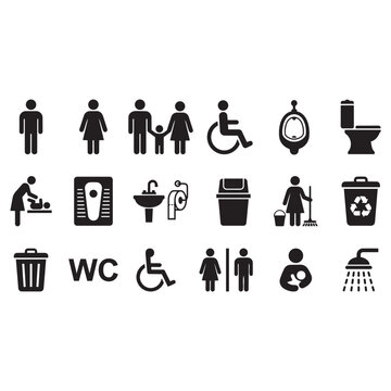 Set of black restroom and public facility icons for signage and navigation in buildings