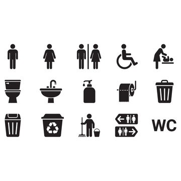 Set of black restroom and bathroom toilet signs and icons for public facility wayfinding