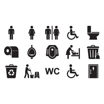 Set of black restroom toilet and bathroom signs for public building and facility navigation