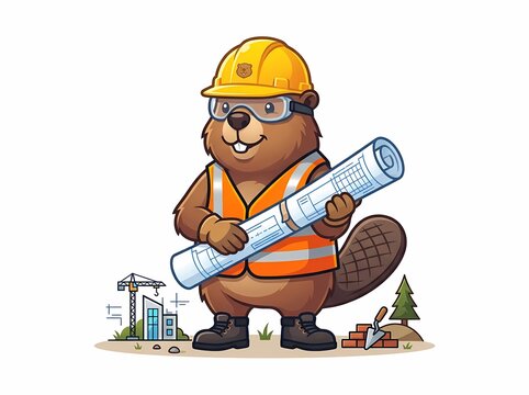 Cartoon beaver construction worker character holding blueprints.