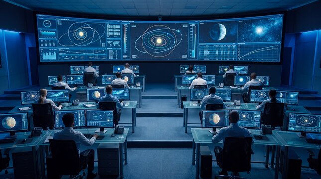 mission control center space operations technology teamwork monitoring screens communication Specialists coordinate flight from a command room for aerospace management analysis and collaboration