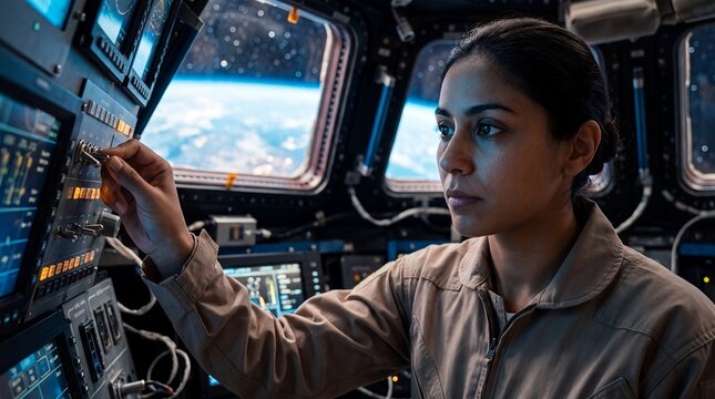 astronaut woman spacecraft controls station cockpit space operator technology mission female operator works at glowing panels in orbital lab for aerospace training and exploration marketing