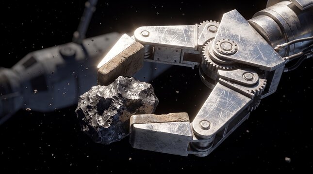 asteroid robot claw space mining rock sample technology exploration science mechanical gripper captures a rugged cosmic specimen for planetary research resource extraction and future mission concepts