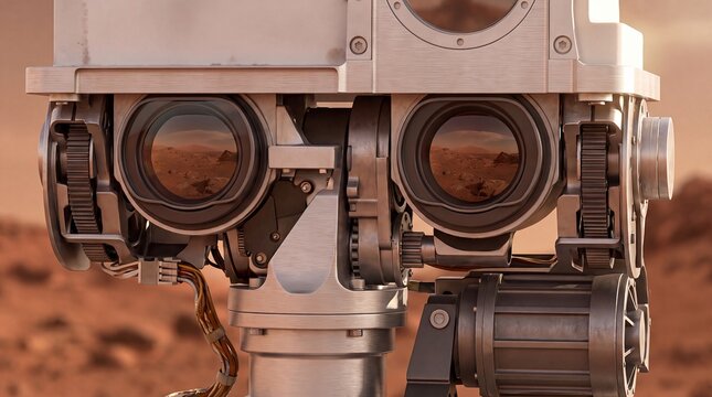 mars rover camera sensor robot exploration planetary technology science surface Detailed mast head reveals navigation optics and rugged hardware for robotics research and aerospace education