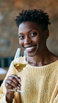 Woman smelling glass of white wine in cozy cafe interior setting