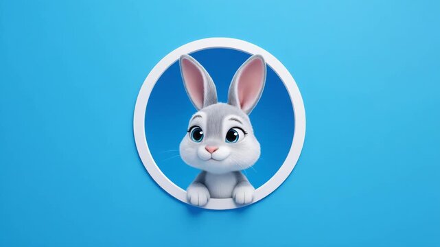 Cute bunny peeking from circular frame showing various expressions with soft lighting