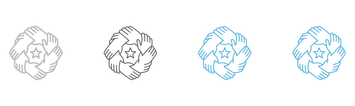 Hands forming a circle around a star unity and collaboration icon set